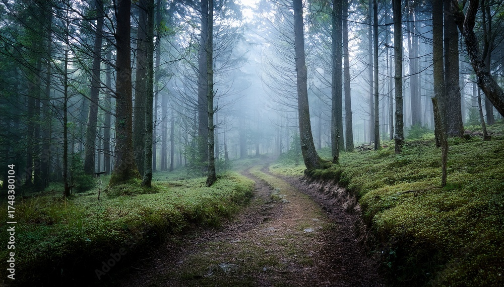 Fototapeta premium Misty Forest Path A Fork In The Road Nature Photography Mysterious Woods