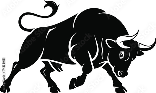 Powerful black bull silhouette graphic design element on transparent background