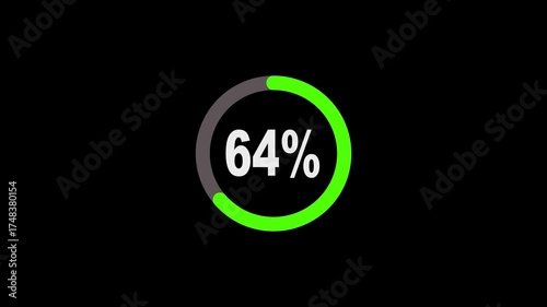 Animated circular progress bar showing 70% completion with glowing green fill and white digits on black background 4K loop. Loading. Percentage. Interface. 
