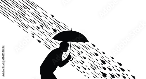 Silhouette of a person holding an umbrella against heavy rainfall, symbolizing protection and resilience.