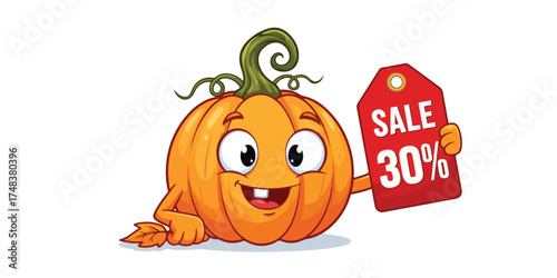 Happy pumpkin character holding a 30 percent sale tag