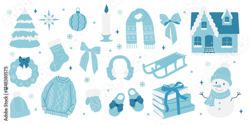 Set of winter holiday hand drawn elements. Cozy Christmas illustration with tree, snowman, wreath, mittens, sweater, candle, bauble. Perfect for greeting card, posters, and seasonal designs.