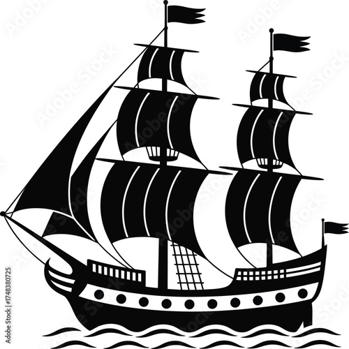 Detailed black ship illustration with waves on transparent background silhouette
