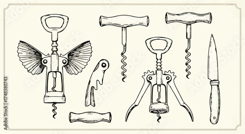 Collection of vintage corkscrews and a knife, hand-drawn illustration