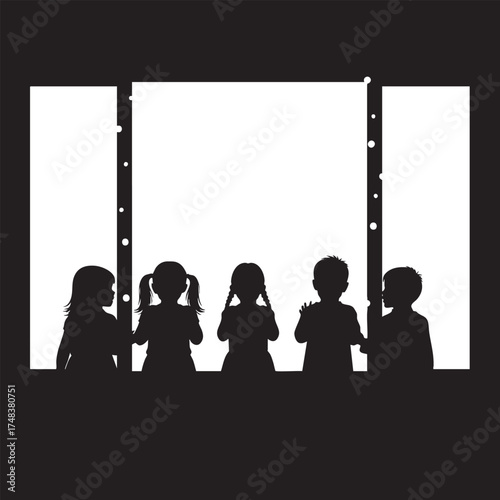 Group of Children Silhouette Looking Out Window at Falling Snow Vector