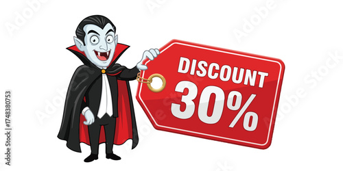 A cartoon vampire stands next to a large red tag advertising a 30 percent discount, suggesting a Halloween or spooky sale.