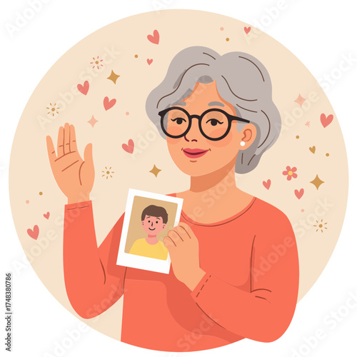 Senior woman holding photo. Elderly lady looking at old photograph. Older woman remembering past through picture. Retired woman cherishing family photo. Elderly set