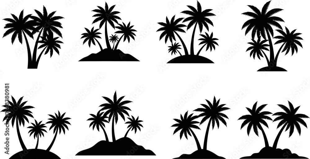 Fototapeta premium Eight Black Palm Tree Silhouettes on Islands tropical