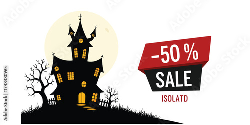 A spooky haunted house silhouette stands against a full moon, advertising a 50% off Halloween sale.