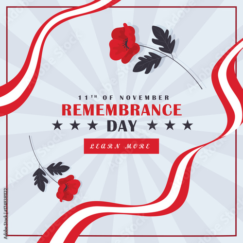 Remembrance Day Lest we forget vector illustration with a single poppy flower.