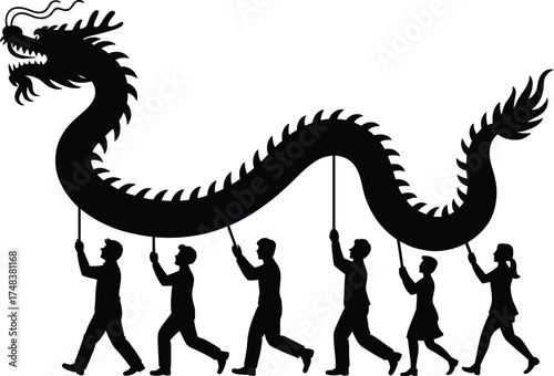 People carrying a traditional chinese dragon during a parade on transparent background silhouette