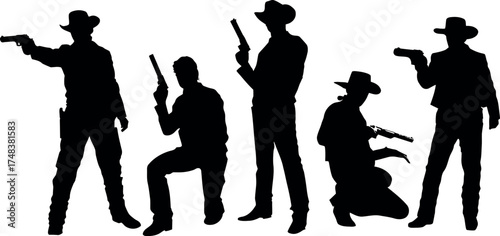 Five cowboy silhouettes with guns on white background