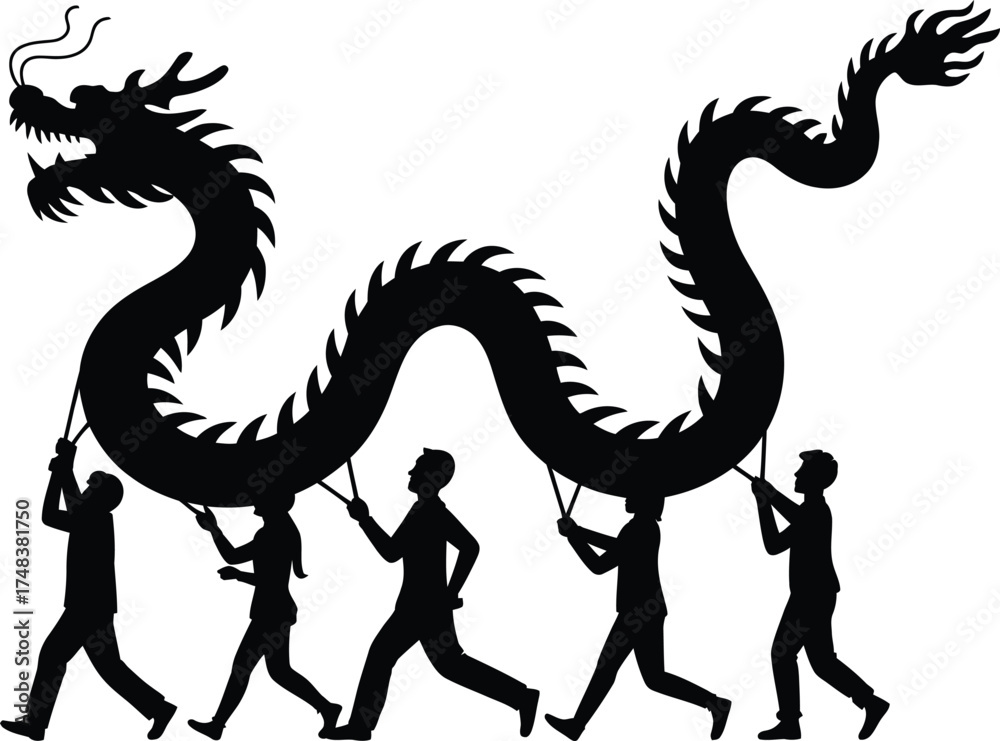 Obraz premium Traditional chinese dragon dance with performers striking black silhouette on transparent background