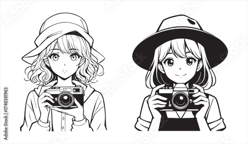Anime girls holding cameras wearing hats woman photography