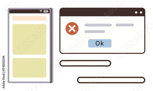 Web browser error alert with red cross and OK button alongside a mobile screen layout. Ideal for technology, app interface, web development, UI design, troubleshooting, coding, simple flat metaphor