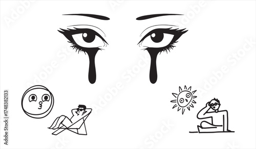 Sad eyes sunbathing people and moon crying black