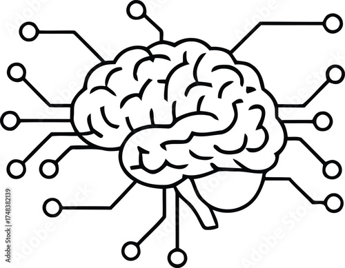 This creative illustration features a brain integrated with circuit-like connections, symbolizing the fusion of neuroscience and technology. The clean, line-art design makes it perfect for themes rela