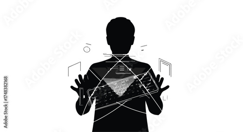 Person interacting with holographic digital interface, representing future technology and innovation.