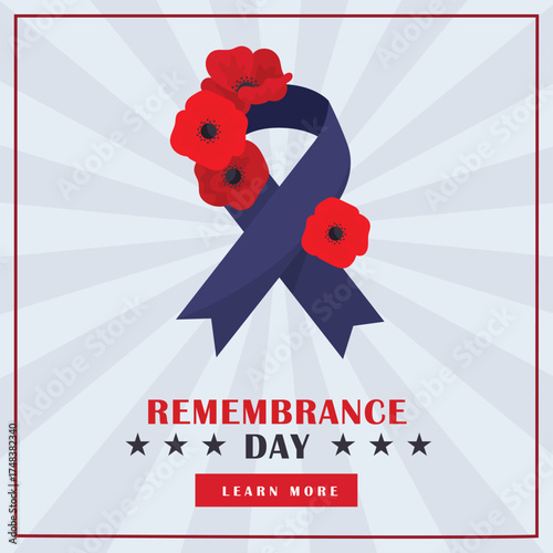 Remembrance Day Lest we forget vector illustration with a single poppy flower.