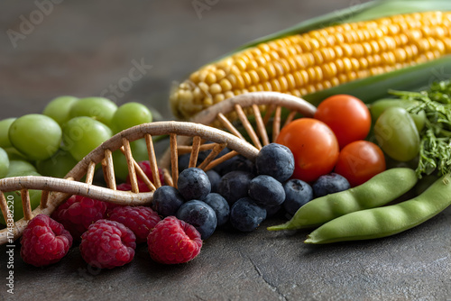Personalized nutrition science concept with dna model fresh grape raspberry blueberry tomato corn pea joyful tone