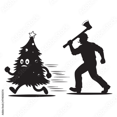 Funny Christmas Tree Running Away from Axe Lumberjack Silhouette
