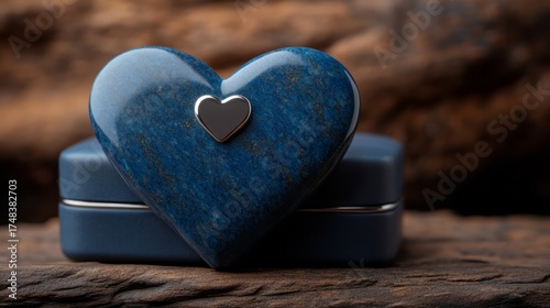 Blue Heart Stone with Silver Accent on Decorative Wooden Background for Valentine's Day Gift