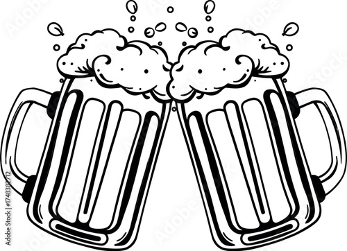 Hand- Drawn Sketch of Two Beer Mugs Clinking toasting