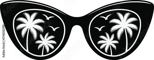 Cat eye sunglasses with tropical palm tree reflections on transparent background silhouette