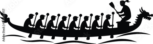 Black dragon boat team with rowers detailed design on transparent background silhouette