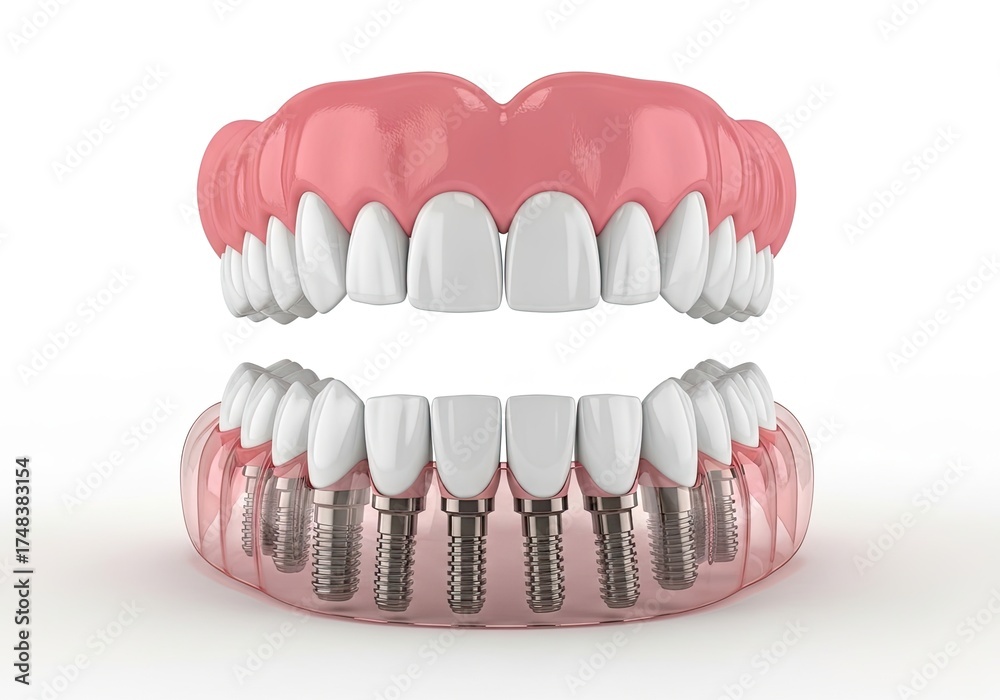Obraz premium Complete Dental Prosthesis Model on White Background, Showing Implants and Gum Structures