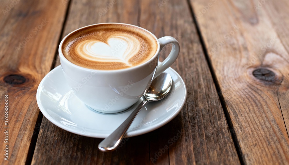 Fototapeta premium A latte with heart-shaped foam sits on a saucer with a spoon on wood. 