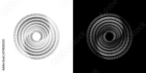 Dynamic abstract spiral sound wave rhythm lines. Circular spiral sound wave rhythm of lines. Circular futuristic abstract lines, black and white background.