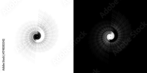 Dynamic abstract spiral sound wave rhythm lines. Circular spiral sound wave rhythm of lines. Circular futuristic abstract lines, black and white background.