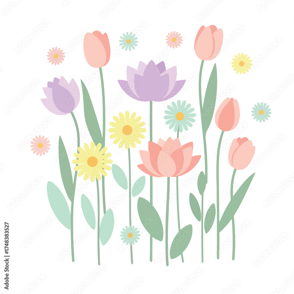 Obraz premium Pastel flowers blooming in a garden with tulips, lotuses, and daisies creating a soft, whimsical, and cheerful springtime scene.