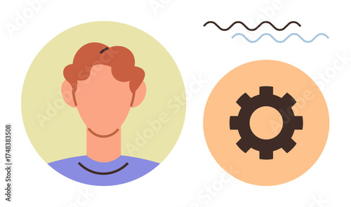 Simplified avatar inside a circle with a gear icon beside wavy lines. Ideal for profile, settings, workflow, creativity, process management, system design, digital identity. Clean flat metaphor