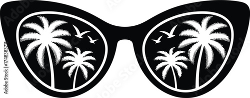 Stylish cat eye sunglasses reflecting palm trees and birds on transparent background silhouette