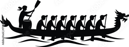 A black dragon boat team rowing with a drummer on transparent background silhouette