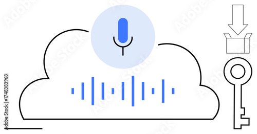 Microphone over cloud with soundwave lines, key for security, and download box. Ideal for AI, machine learning, cloud storage, cybersecurity, voice commands, data access simple flat metaphor