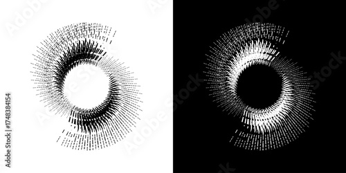 Dynamic abstract spiral sound wave rhythm lines. Circular spiral sound wave rhythm of lines. Circular futuristic abstract lines, black and white background.