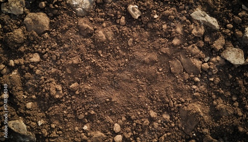 Close-up view of dark brown soil with small rocks