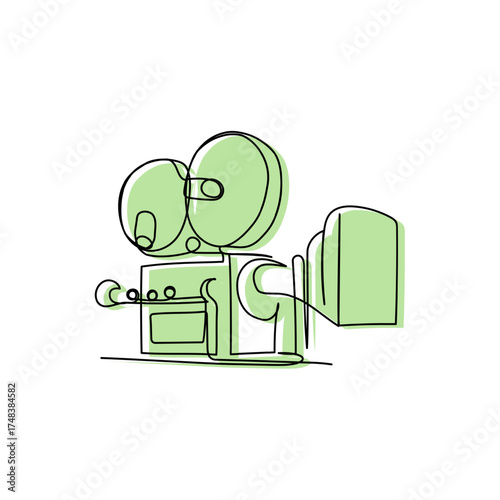 Linear abstract outline of a vintage film camera with dual reels, minimalist green vector illustration of classic movie equipment