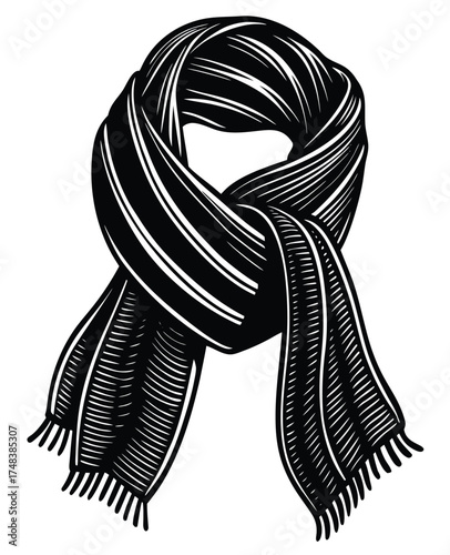 Black and white striped wool scarf tied with a knot, isolated cotton accessory for men's fashion and business clothing