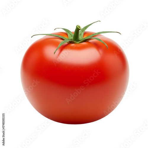A single ripe red tomato with green stem and leaves against a plain black background in a studio shot on transparent background