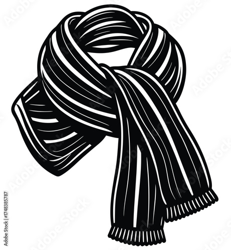 Black and white striped wool scarf isolated on white background, a fashion accessory