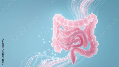 A conceptual 3D illustration of a healthy digestive system, with glowing lines symbolizing energy flow and efficient digestion, supported by a healthy gut flora