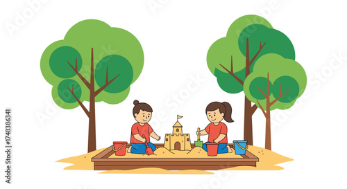 Two children build a sandcastle together in a sandbox with trees in the background.