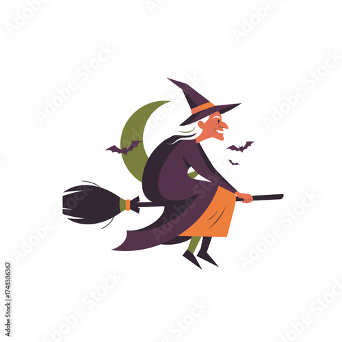 A cartoon witch with a pointy hat flies on a broomstick in front of a crescent moon.