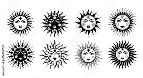 A collection of eight celestial sun face illustrations with intricate details.