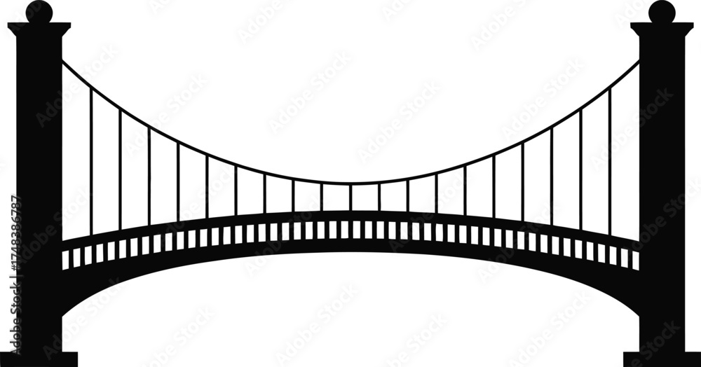 Fototapeta premium Black suspension bridge illustration simple design graphic element on transparent background silhouette