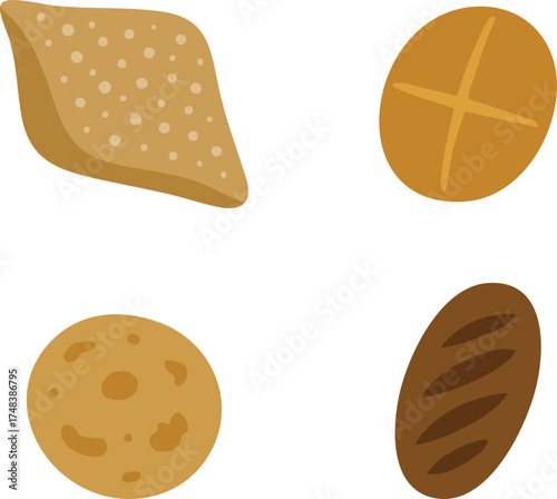 Assorted bread icons including roll bun and seed loaf
